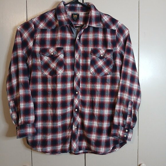 Lee Men's Red Plaid XL L/S Pearl Snaps Cotton Western Shirt (0392N1) - Picture 1 of 6